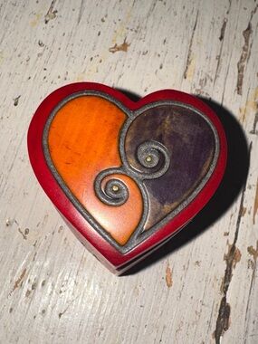 Handcrafted Red Heart Decorative Box with Orange and Purple Inlay
